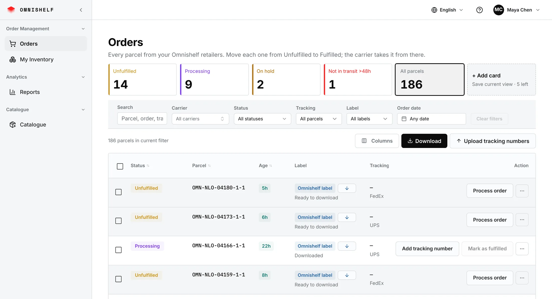 The Omnishelf seller Orders screen: counts of unfulfilled, processing and on-hold parcels above a table of orders, each with its shipping label, tracking number and next action.